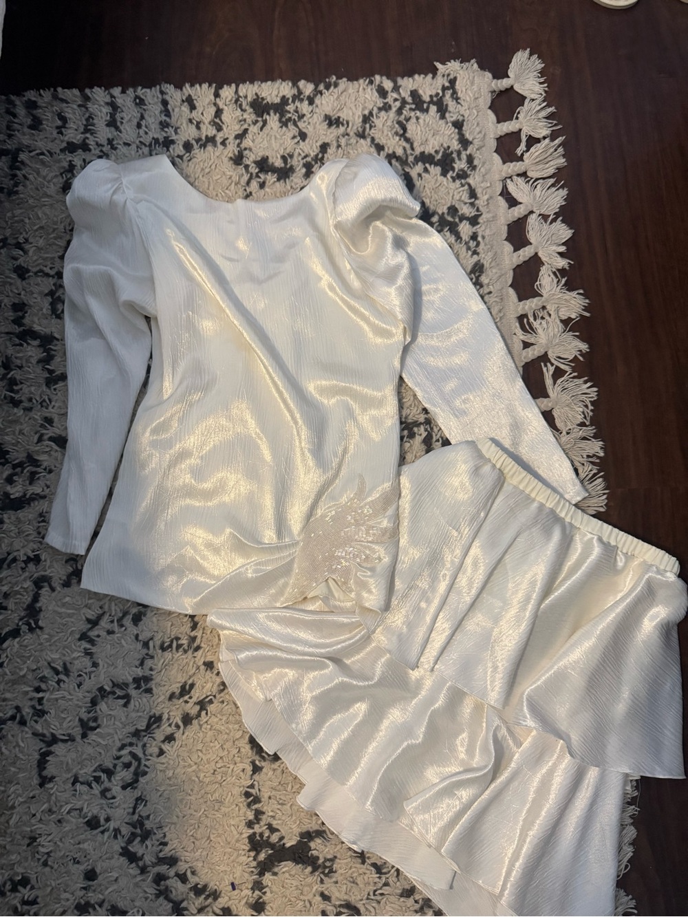 White Satin 2 Piece Skirt Set | Puff Sleeve | Bridal Shower | Size 6